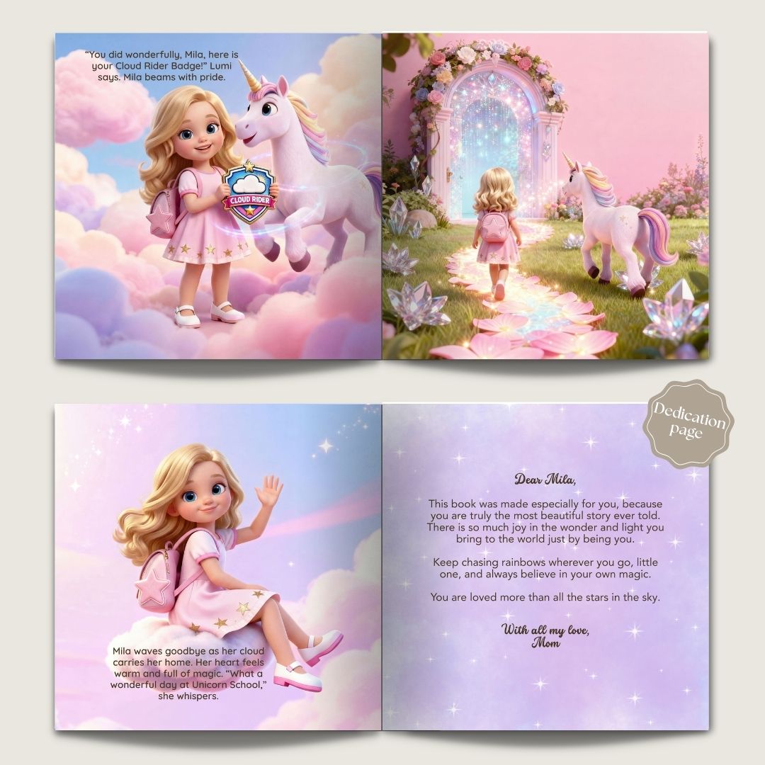 Unicorn book for girls school adventure gift personalized