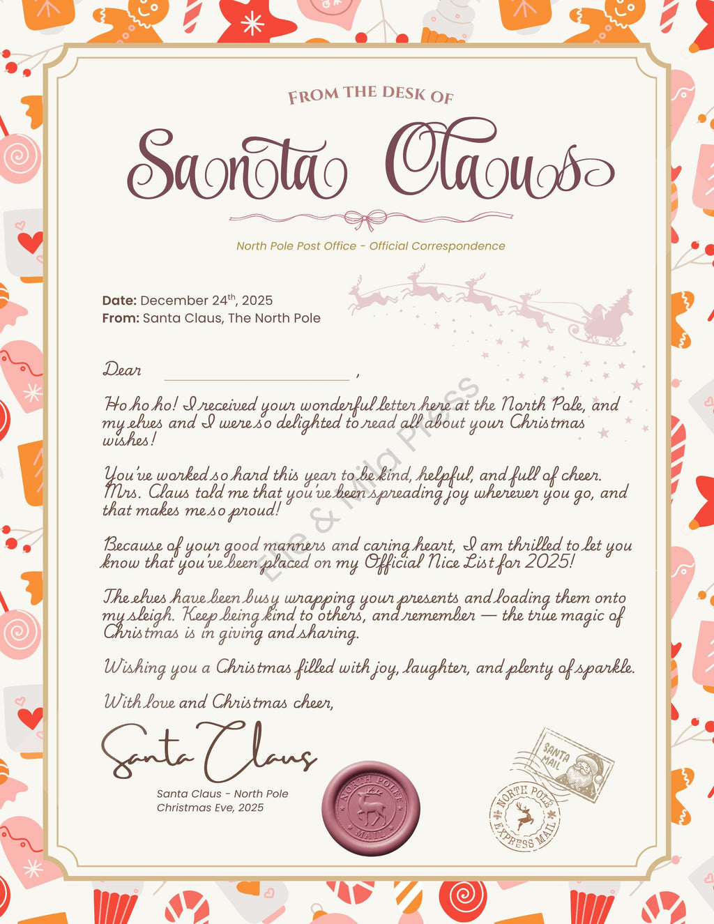 Personalized Letter from Santa | Pink Christmas Designs (Printable PDF)