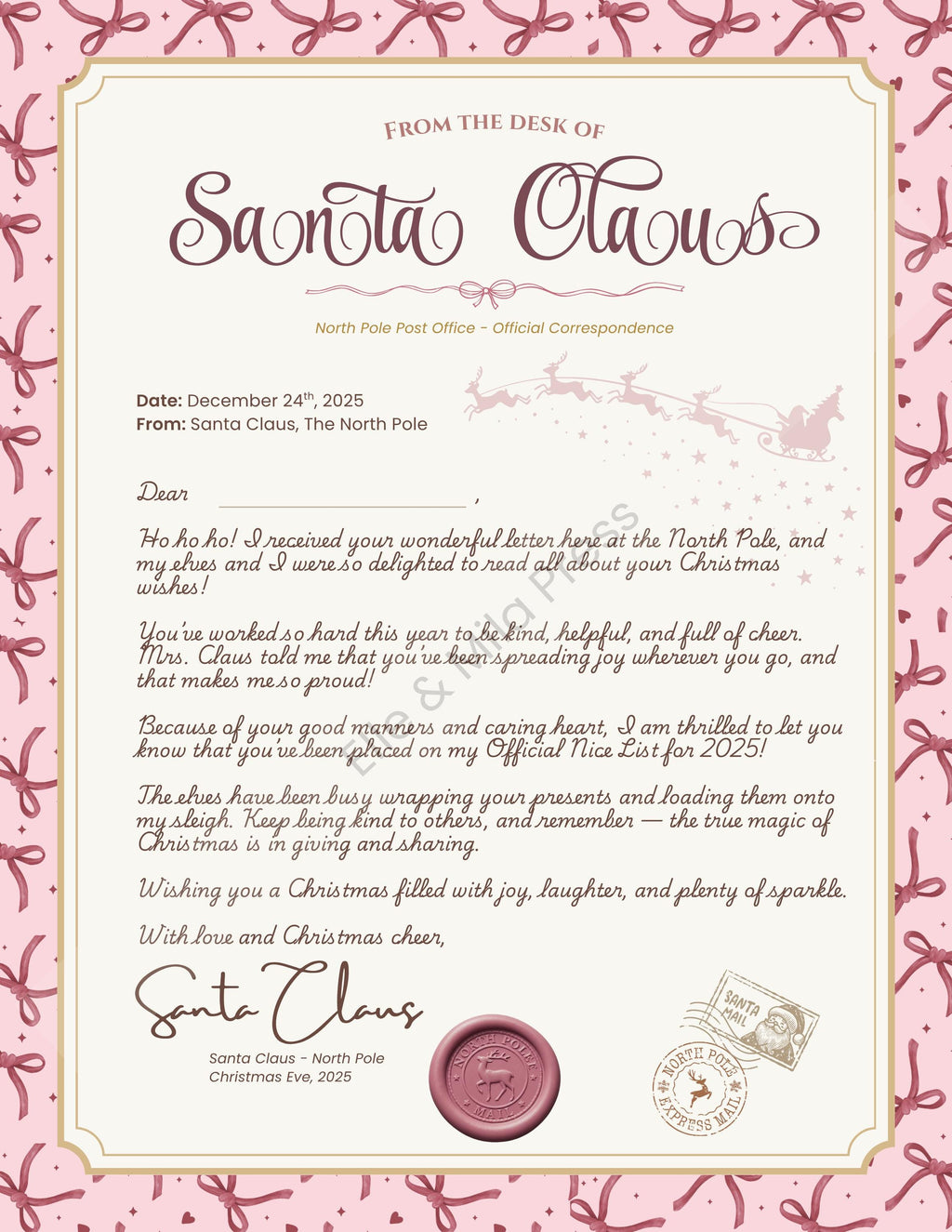 Personalized Letter from Santa | Pink Christmas Designs (Printable PDF)
