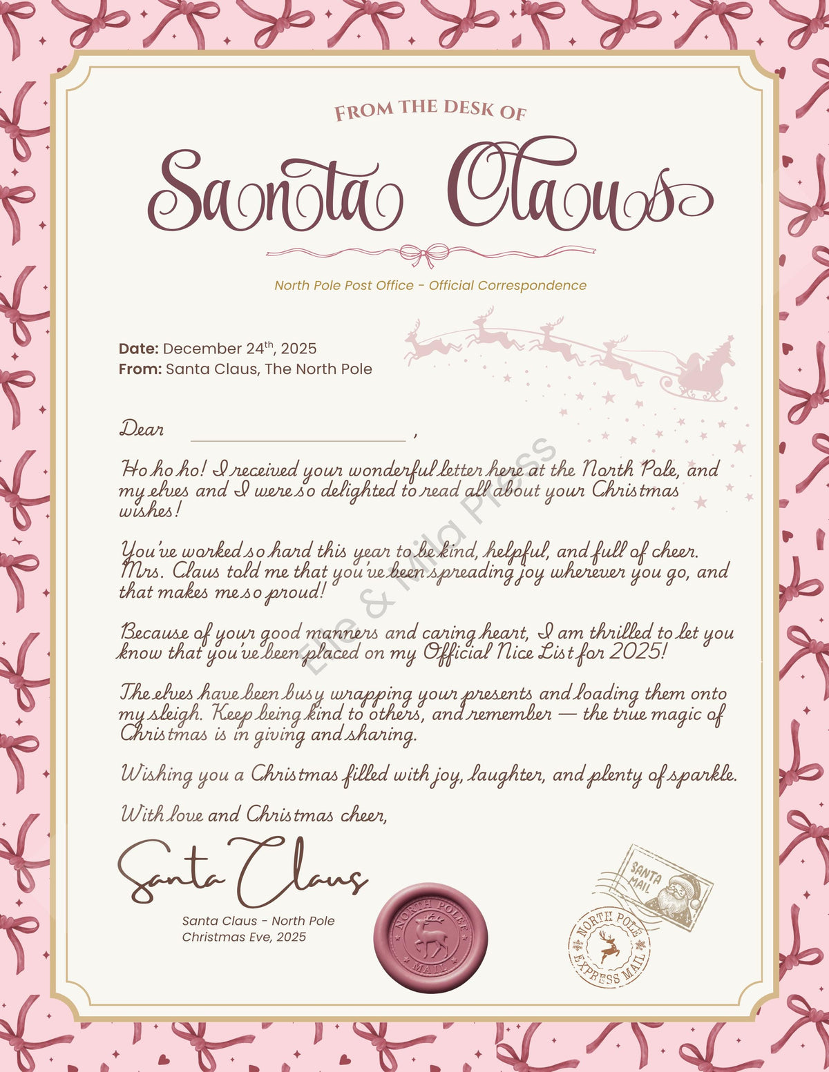 Personalized Letter from Santa | Pink Christmas Designs (Printable PDF)