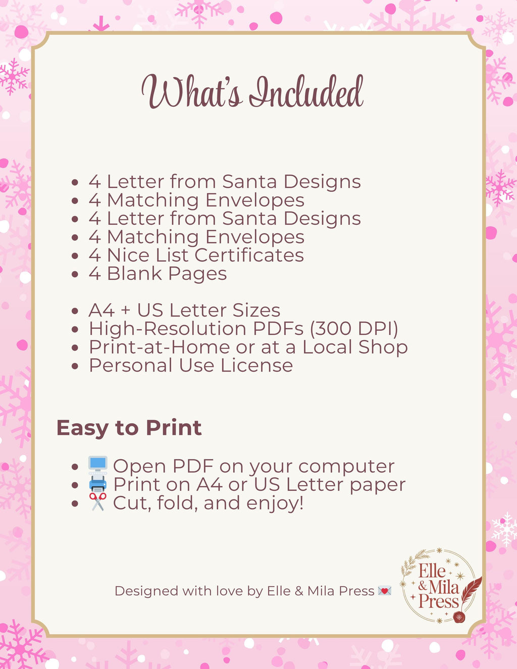 Pink Christmas Letter to Santa Set | Printable Nice List Certificate (PDF)