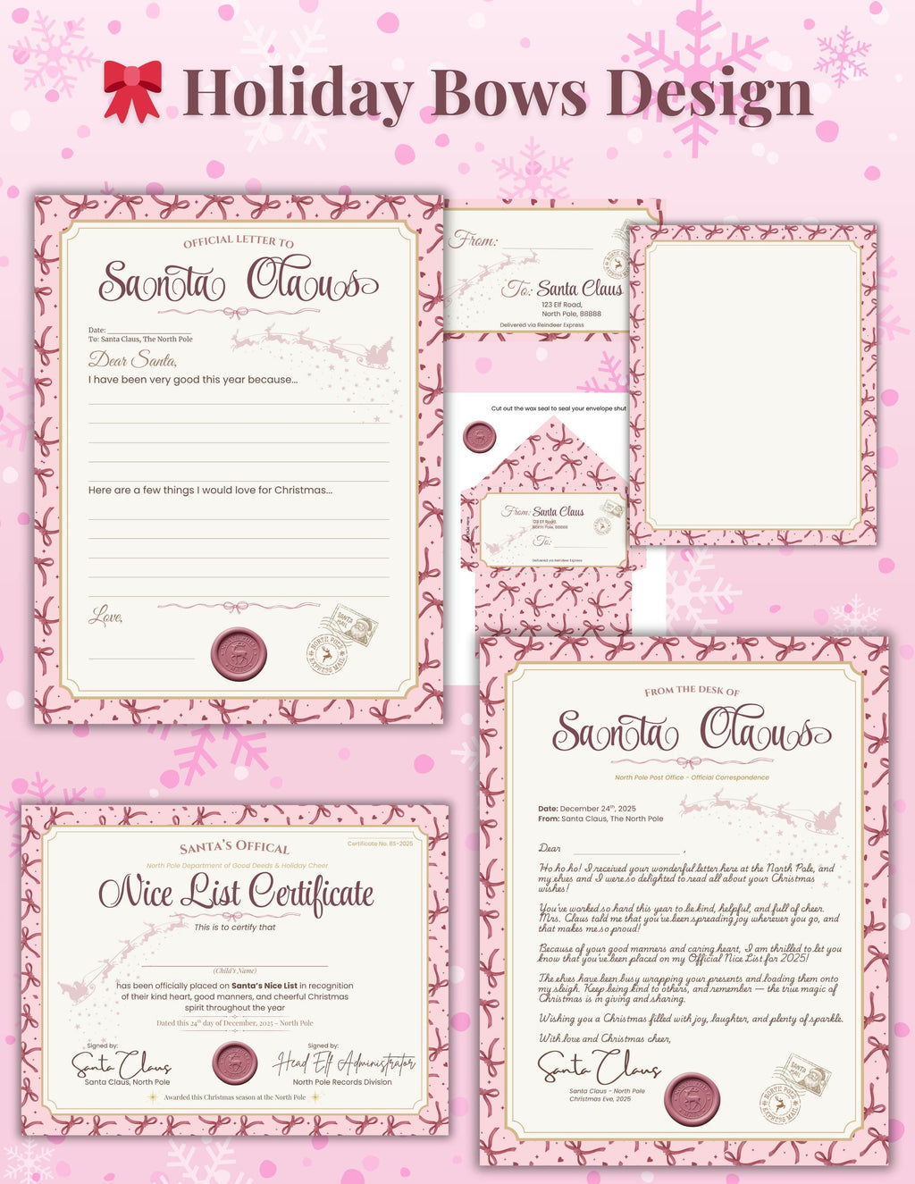 Pink Christmas Letter to Santa Set | Printable Nice List Certificate (PDF)