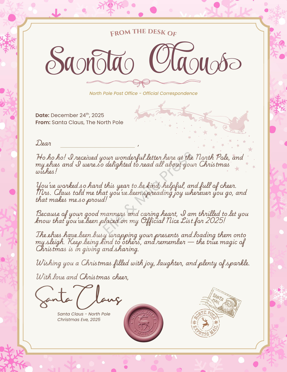 Personalized Letter from Santa | Pink Christmas Designs (Printable PDF)