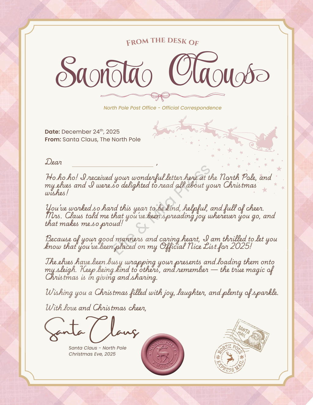 Personalized Letter from Santa | Pink Christmas Designs (Printable PDF)