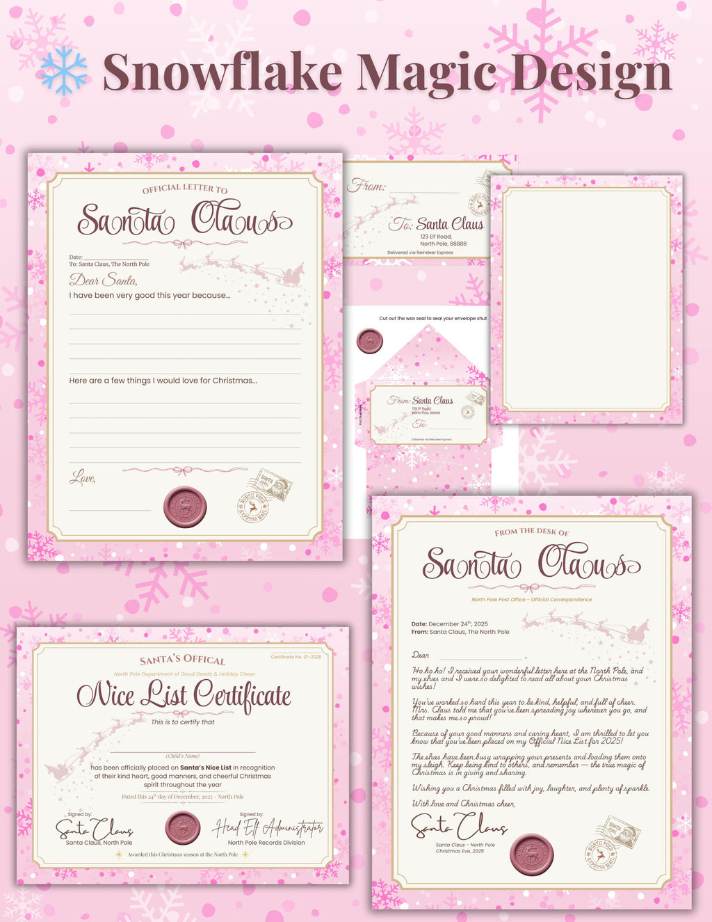 Pink Christmas Letter to Santa Set | Printable Nice List Certificate (PDF)