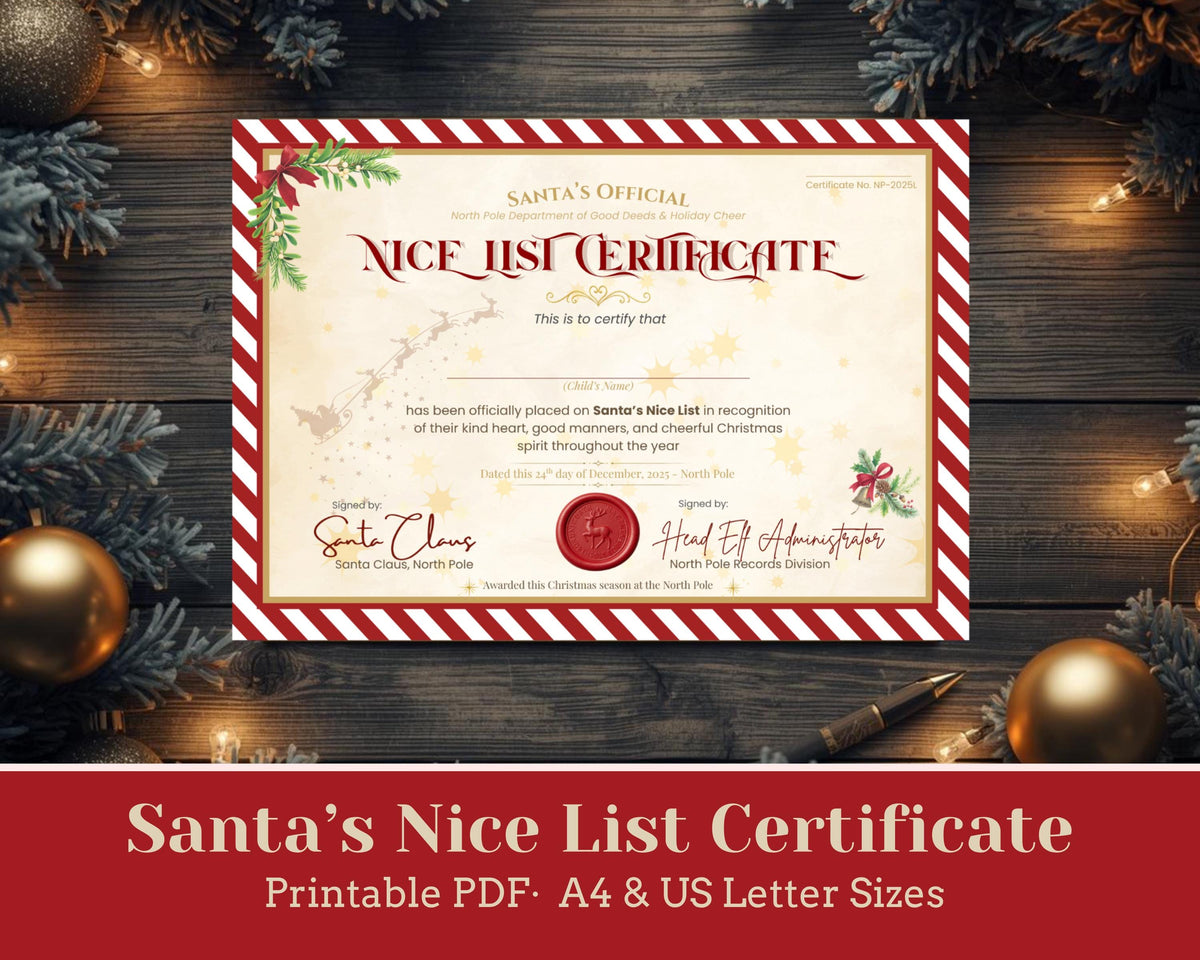 Nice List Certificate Printable – Santa’s Official Christmas Award  - (A4/US Letter PDF)
