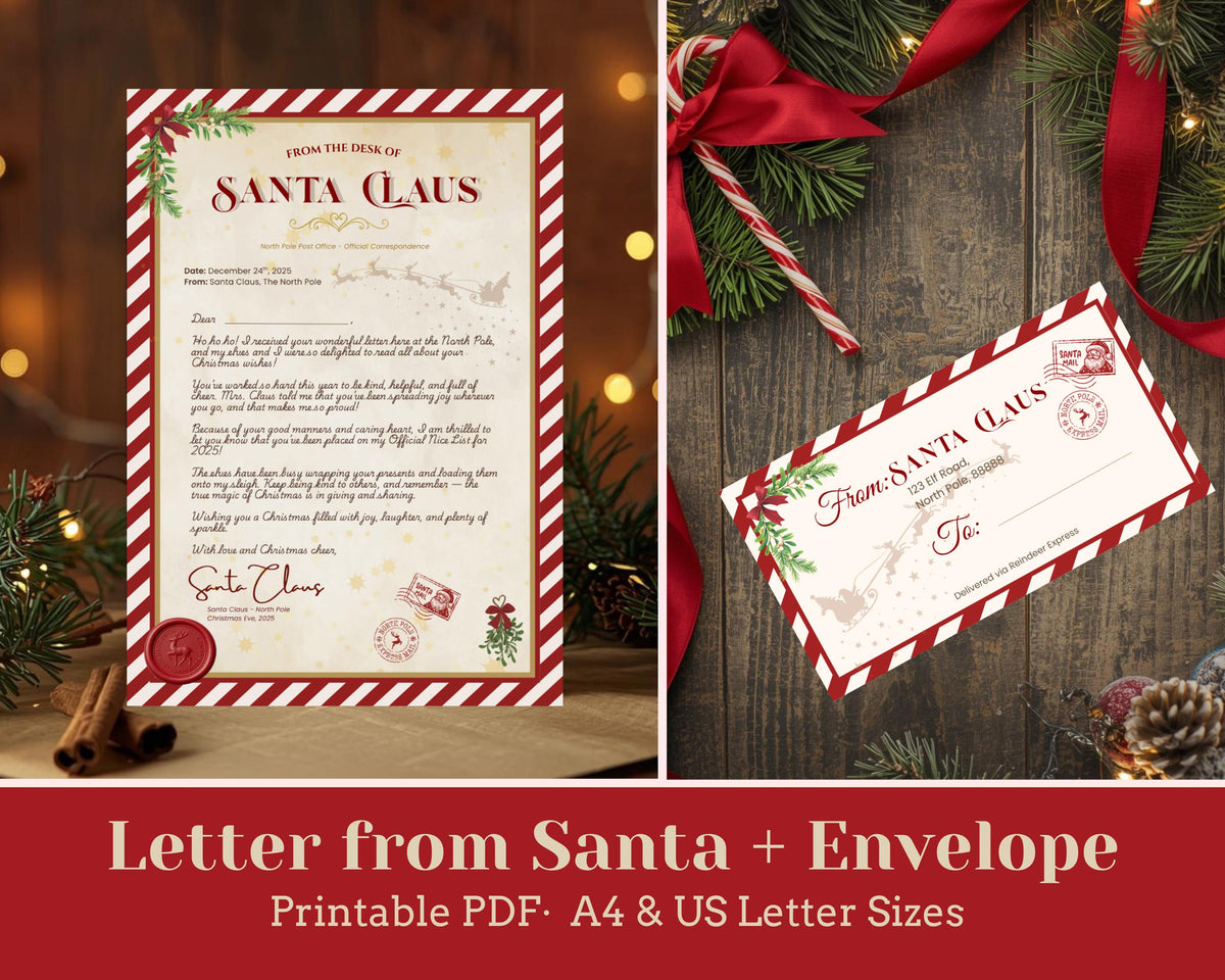 Letter from Santa + Matching Envelope, Printable PDF (A4 & US Letter Sizes Included)