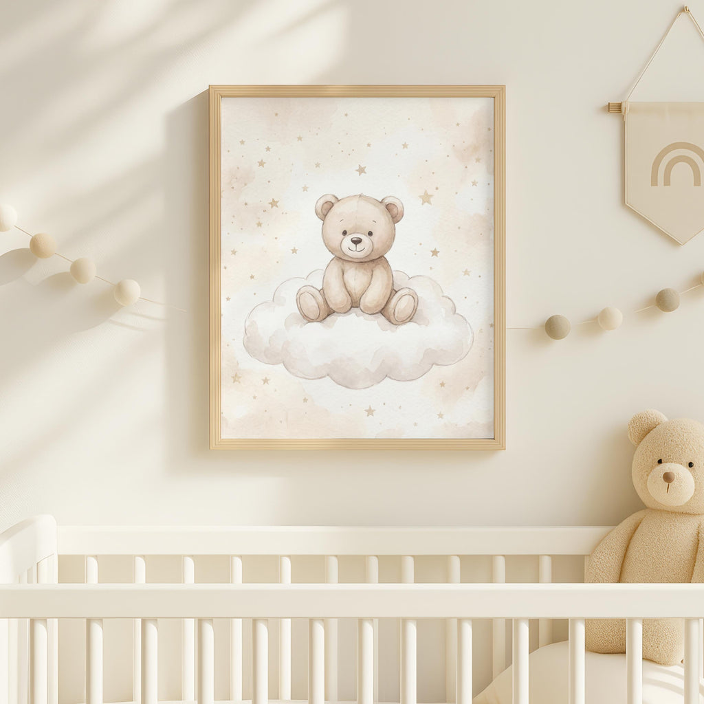 Personalized Sleeping Bear Nursery Art, Moon & Stars, Custom Name (Digital Print)