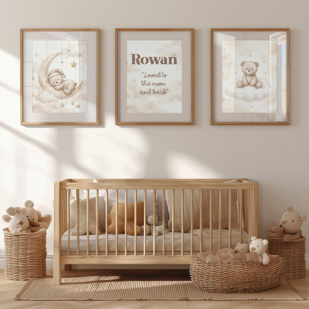 Personalized Sleeping Bear Nursery Art, Moon & Stars, Custom Name (Digital Print)
