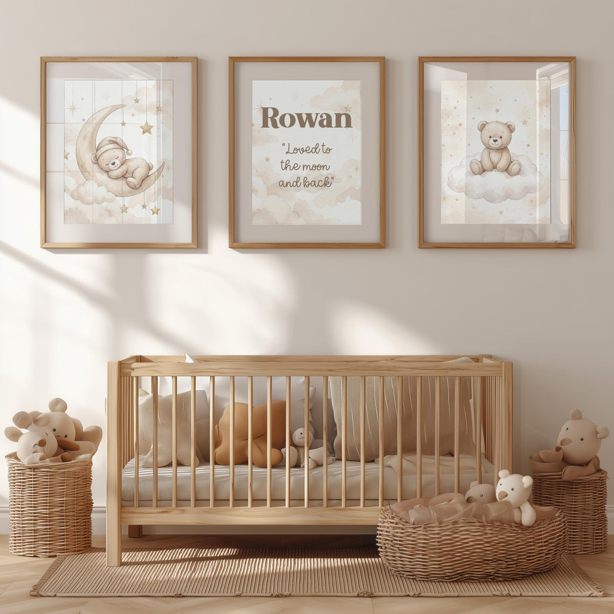 Personalized Sleeping Bear Nursery Art, Moon & Stars, Custom Name (Digital Print)