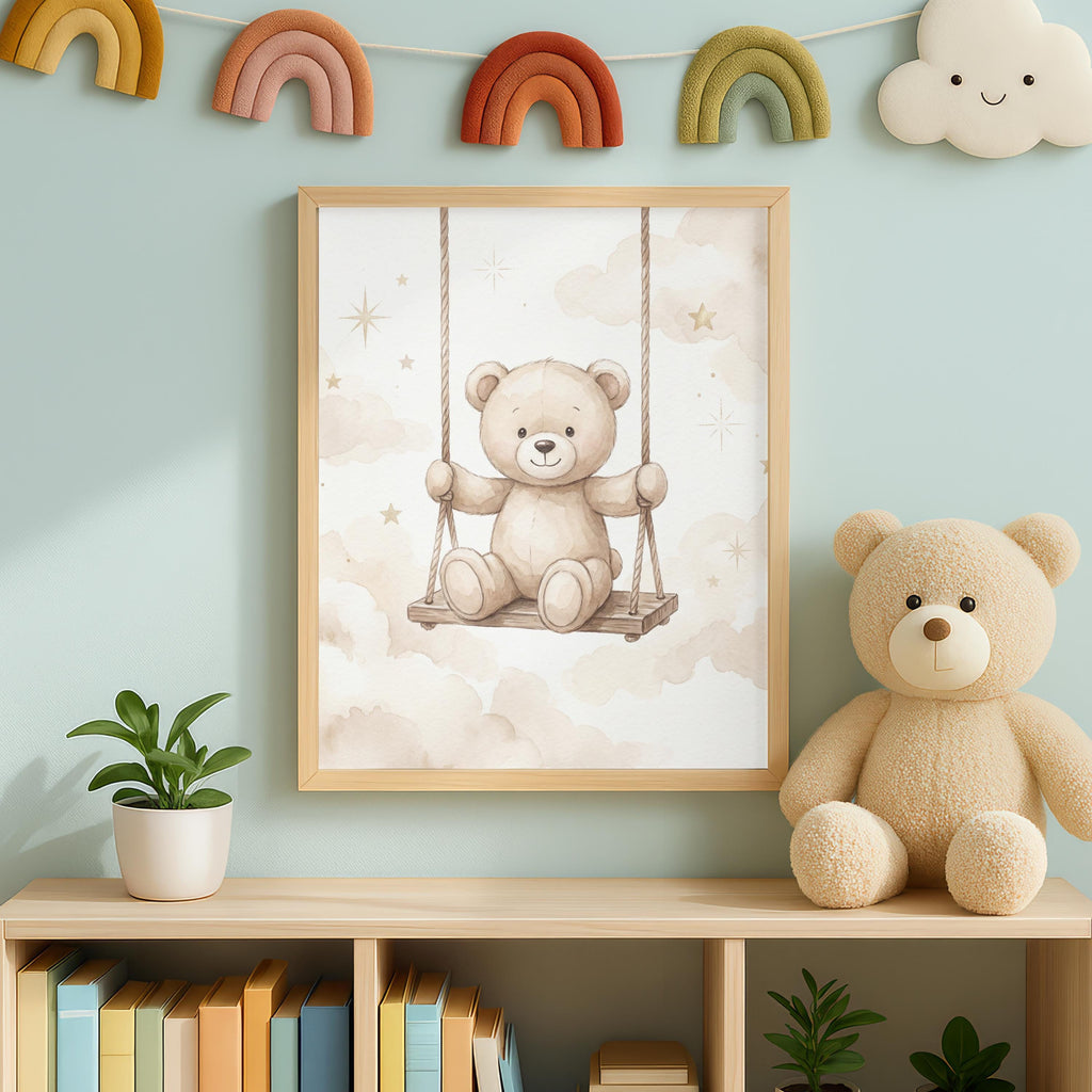 Personalized Teddy Bear Nursery Art, Swing, Balloons (Digital Print, 24 Hour Ready)