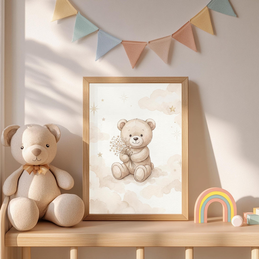 Personalized Peeking Bear Nursery Print, Floral Name Sign (Digital Print)