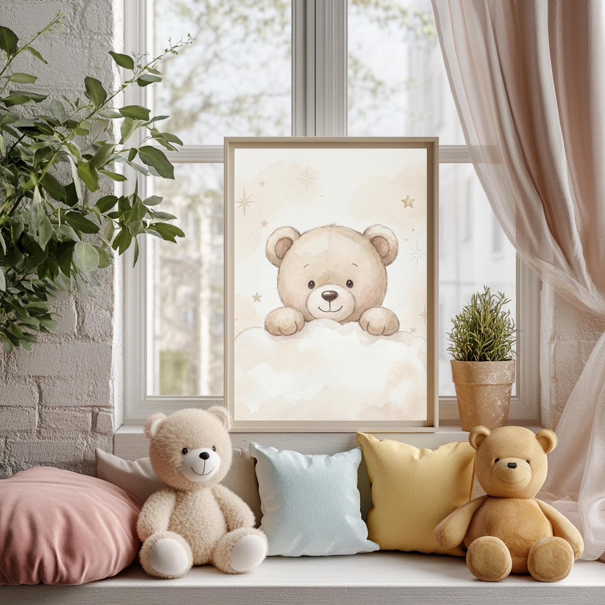 Personalized Peeking Bear Nursery Print, Floral Name Sign (Digital Print)