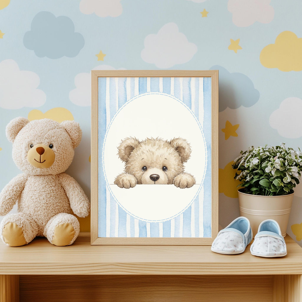 Teddy Bear Nursery Prints, Blue Seersucker, Royal Baby Decor (Digital Download)