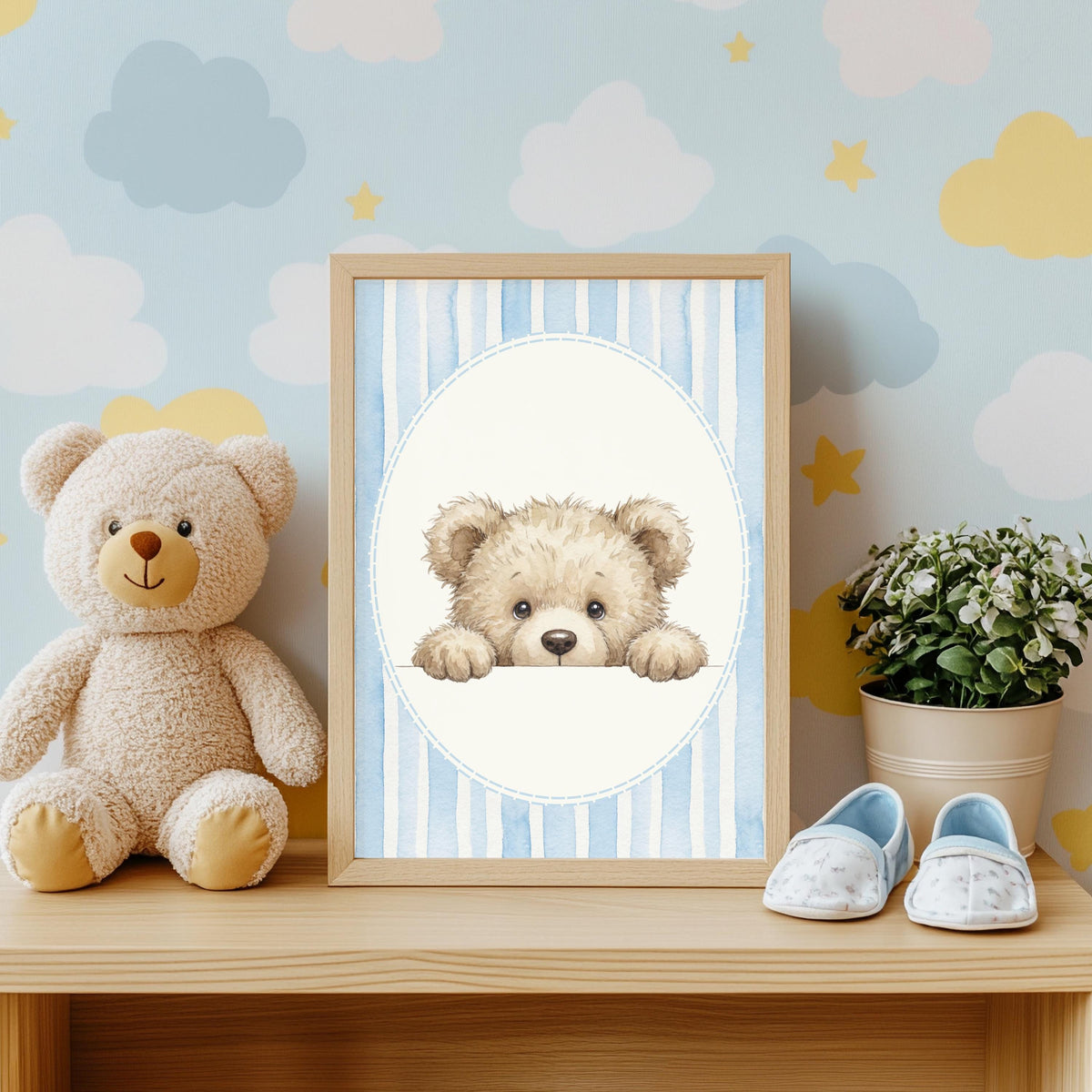 Teddy Bear Nursery Prints, Blue Seersucker, Royal Baby Decor (Digital Download)