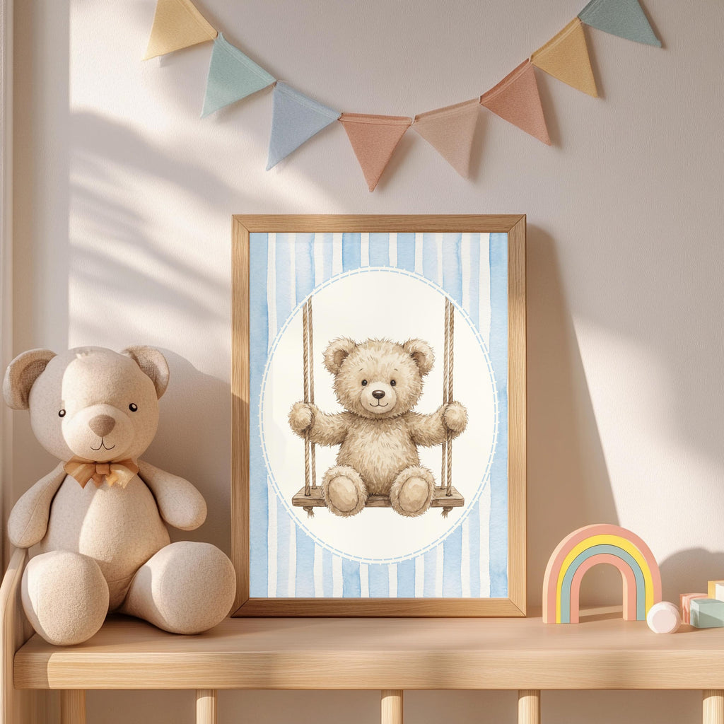 Teddy Bear Nursery Prints, Blue Seersucker, Royal Baby Decor (Digital Download)