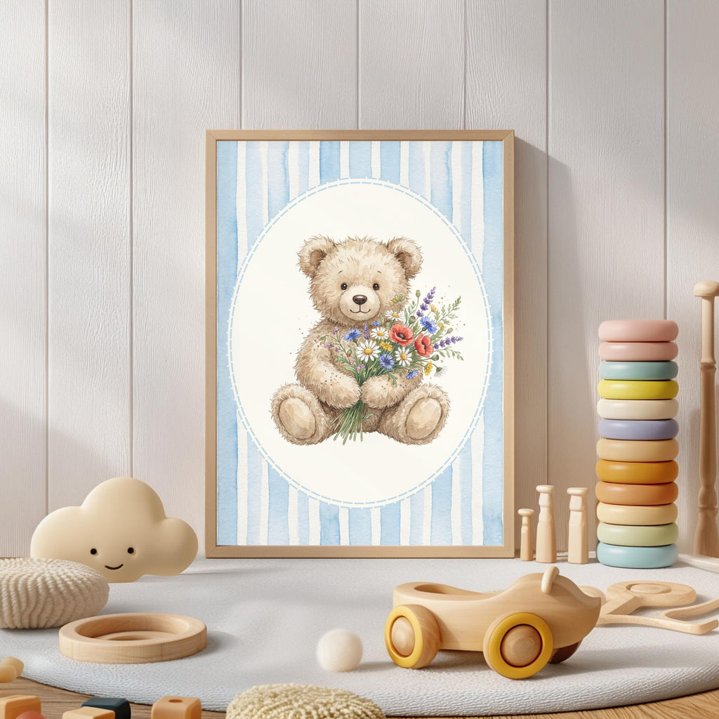 Teddy Bear Nursery Prints, Blue Seersucker, Royal Baby Decor (Digital Download)