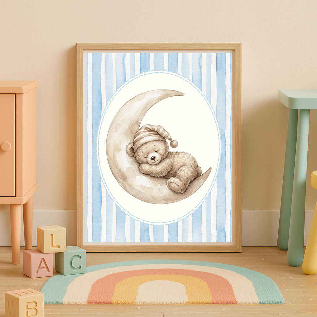 Personalized Boy Nursery Art, Blue Bear Moon Print (Digital Print)