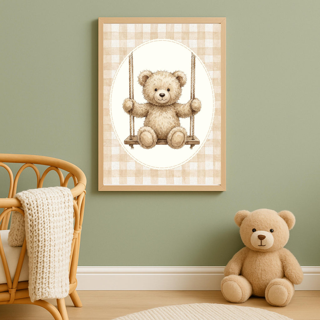 Teddy Bear Nursery Prints, Beige Gingham, Vintage Boho (Digital Download)