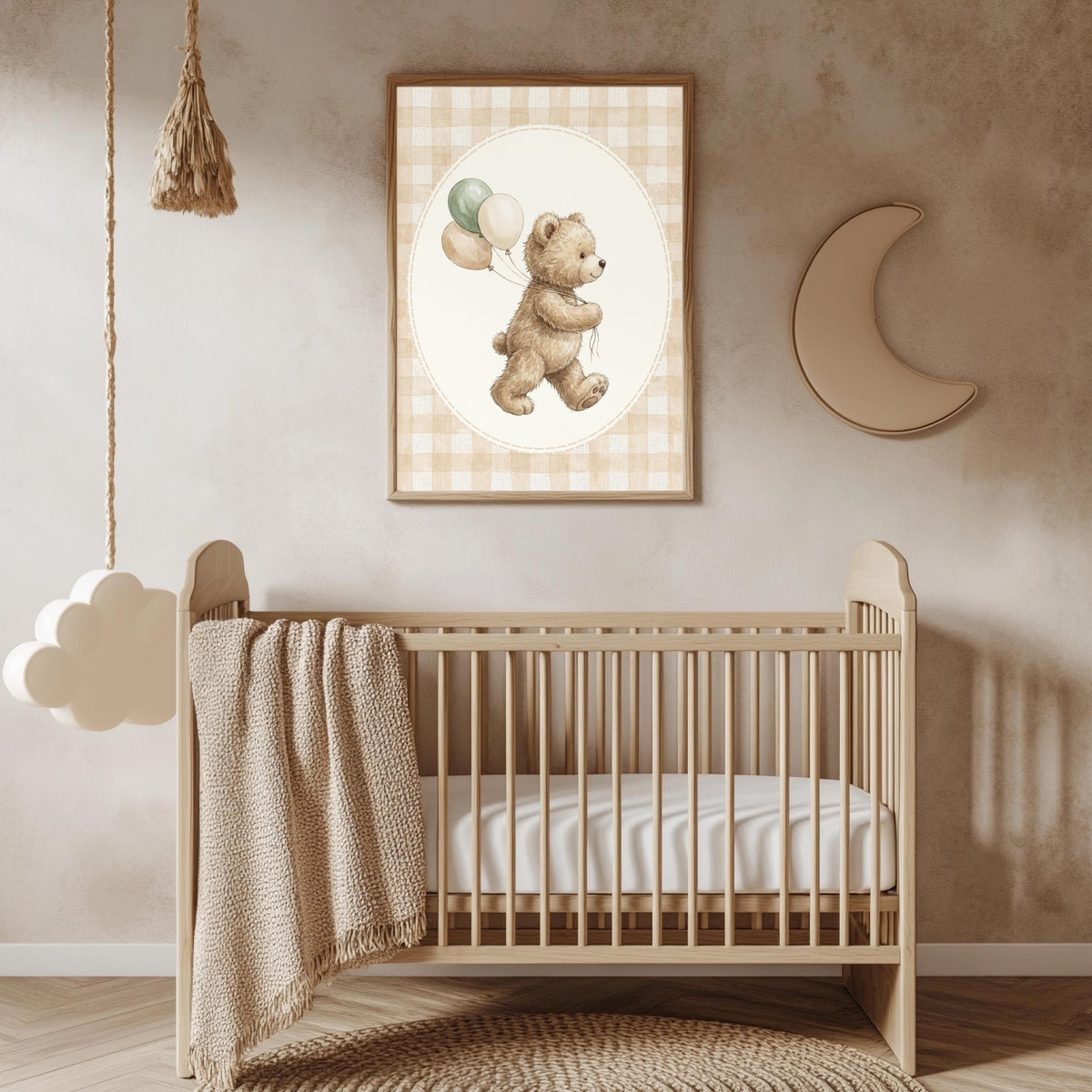 Teddy Bear Nursery Prints, Beige Gingham, Vintage Boho (Digital Download)