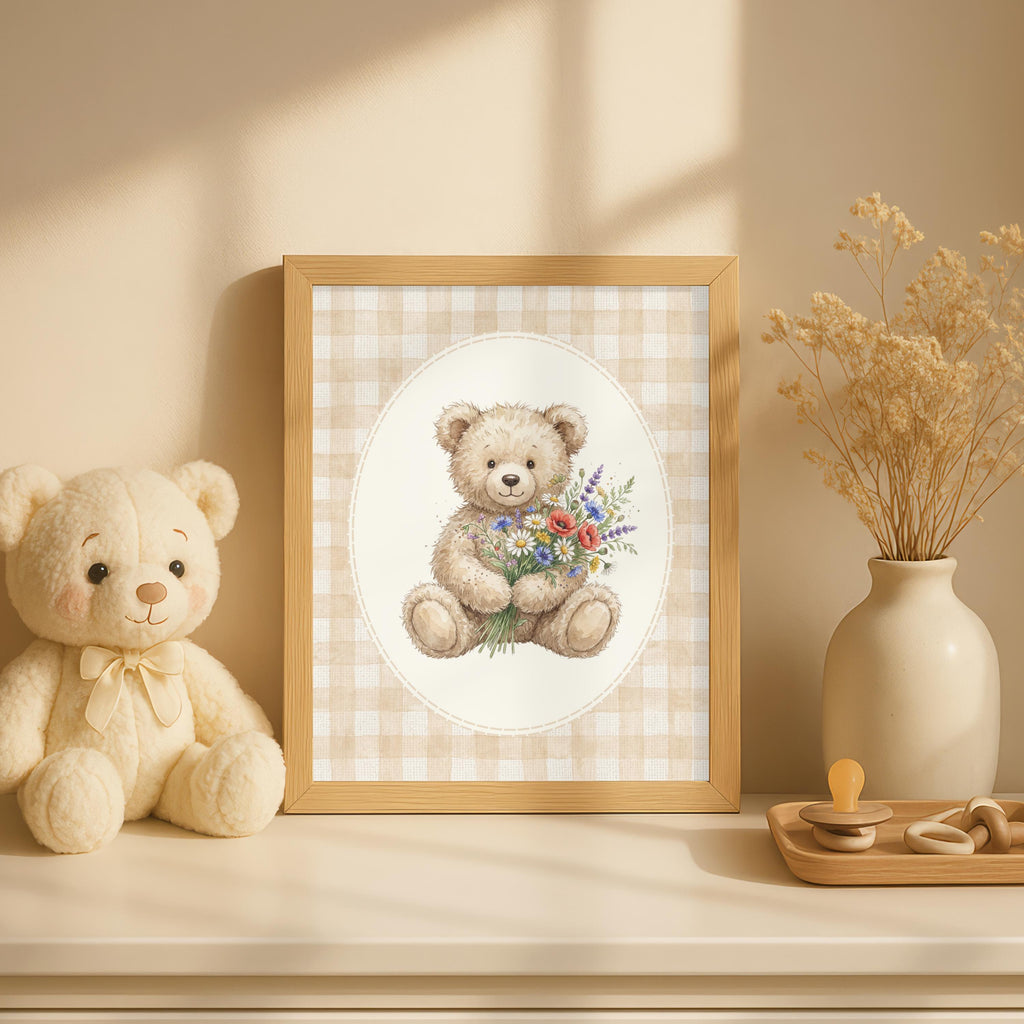Teddy Bear Nursery Prints, Beige Gingham, Vintage Boho (Digital Download)