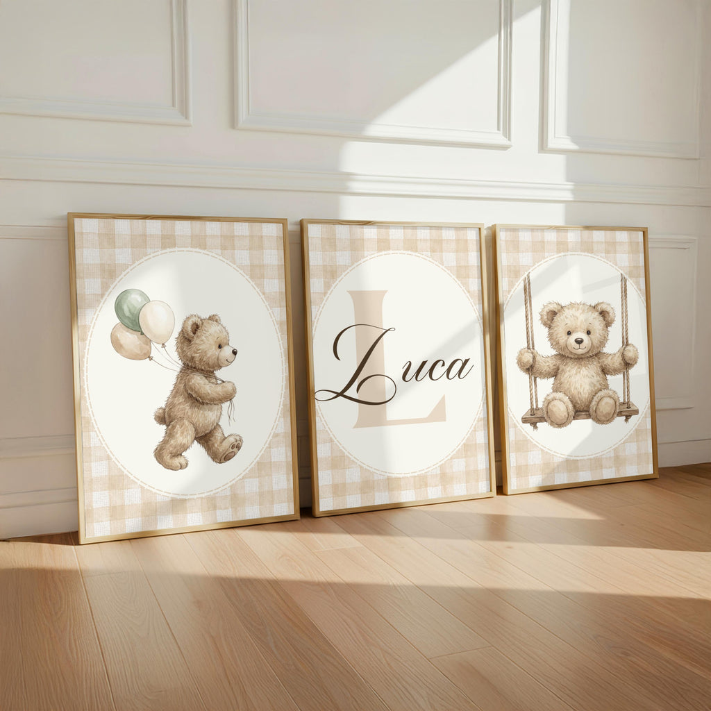 Personalized Gingham Bear Nursery Art, Custom Name Print (Digital Print)