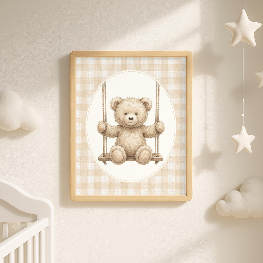 Personalized Gingham Bear Nursery Art, Custom Name Print (Digital Print)