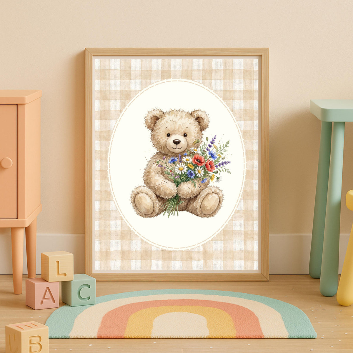 Personalized Floral Teddy Bear Print, Gingham Nursery Decor (Digital Print)