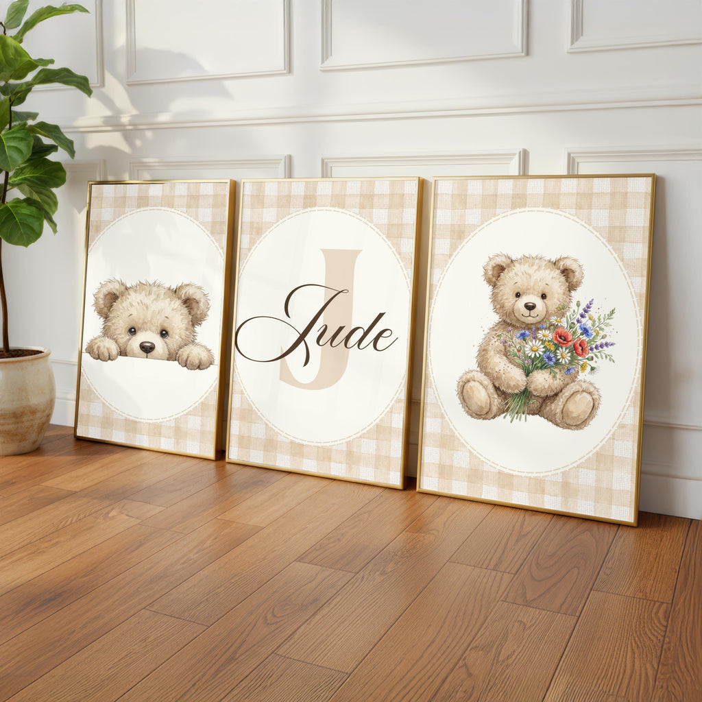 Personalized Floral Teddy Bear Print, Gingham Nursery Decor (Digital Print)