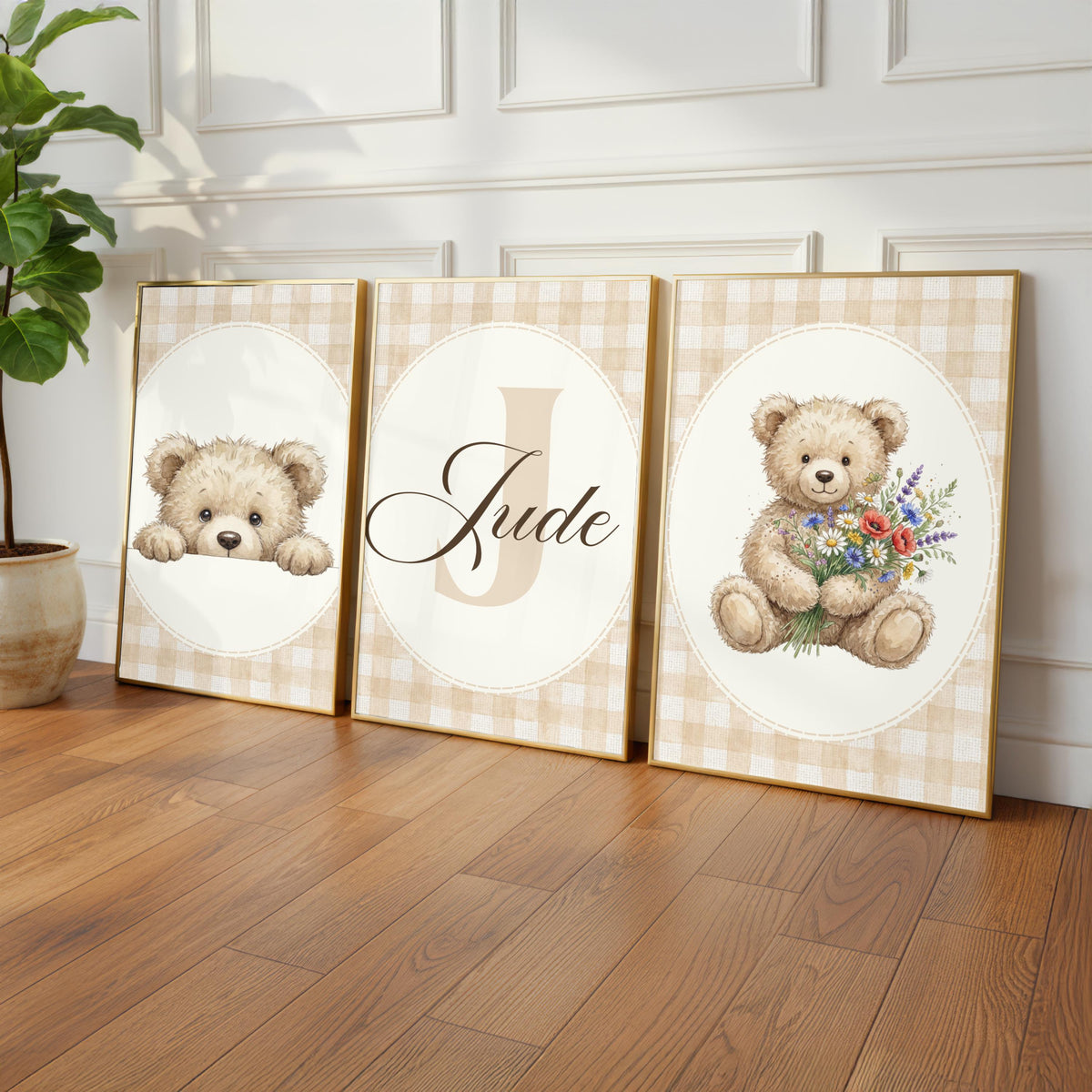 Personalized Floral Teddy Bear Print, Gingham Nursery Decor (Digital Print)