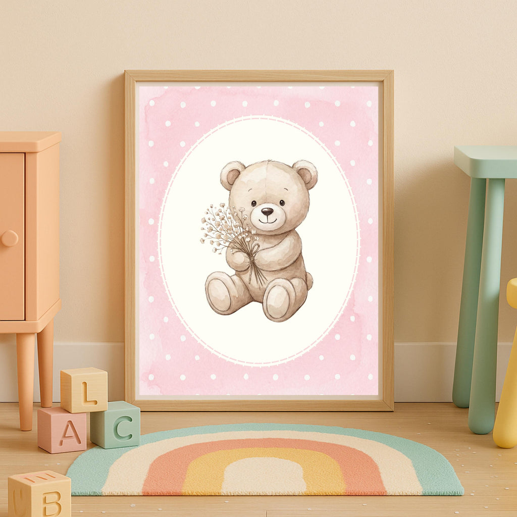Personalized Floral Teddy Bear Print, Pink Nursery Decor (Digital Print)
