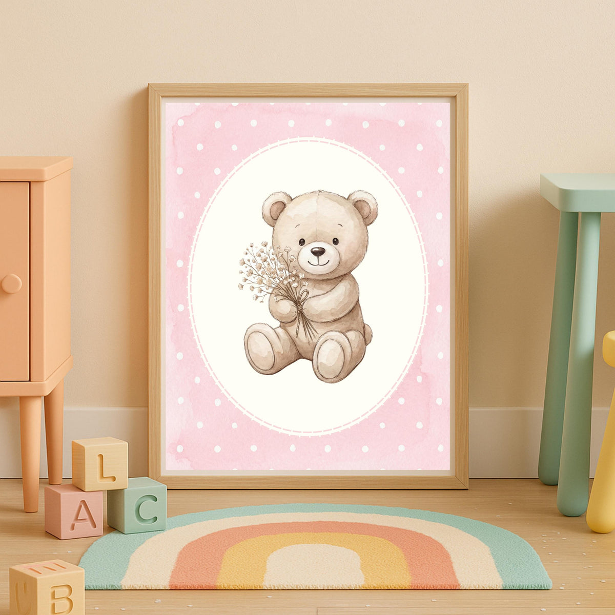 Personalized Floral Teddy Bear Print, Pink Nursery Decor (Digital Print)