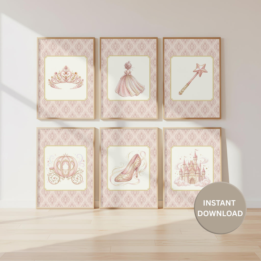 Princess Nursery Prints, Pink Gold Castle Carriage Wall Art (Digital Download Set of 6 )