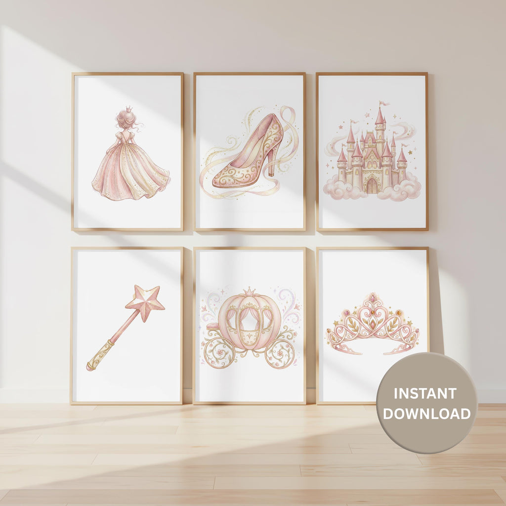 Princess Nursery Wall Art Prints, Pink and Gold Decor (Set of 6) (Digital Download)