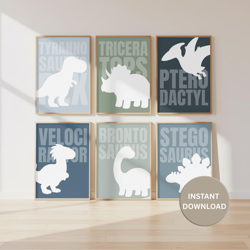 Nordic Dinosaur Nursery Prints, Scandi Kids Room Decor (Set of 6) (Digital Download)