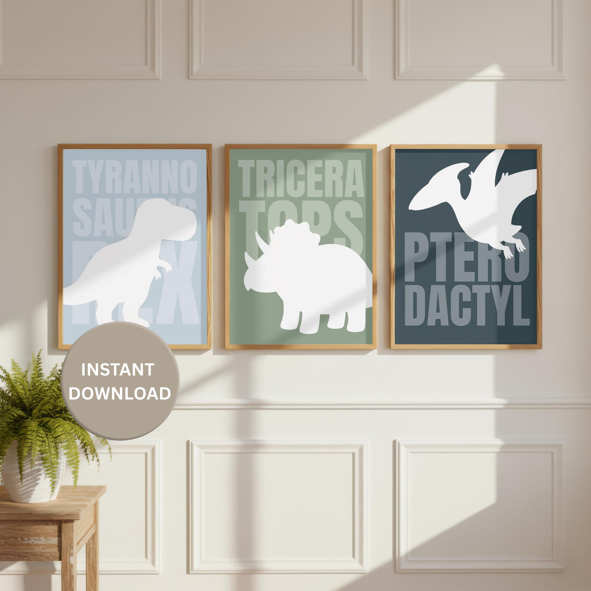 Dinosaur Nursery Prints, T-Rex, Triceratops, Pterodactyl, Scandi Kids Room (Digital Download)