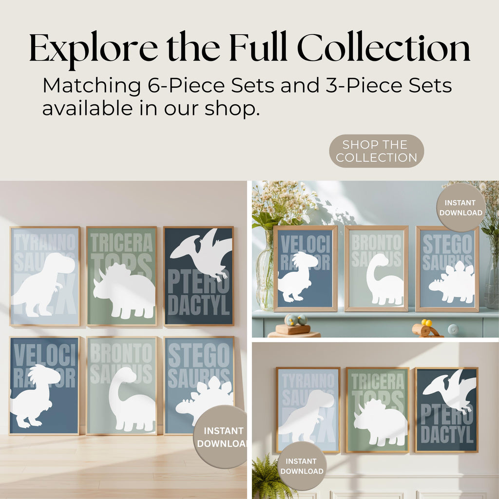Dinosaur Nursery Prints, T-Rex, Triceratops, Pterodactyl, Scandi Kids Room (Digital Download)