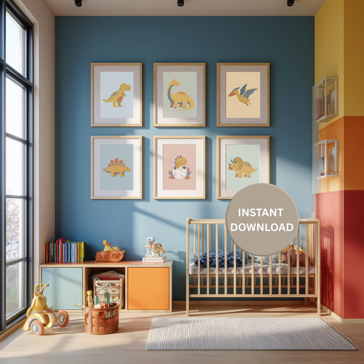 Boho Dinosaur Nursery Prints, Muted Yellow & Blue Set (Digital Download)