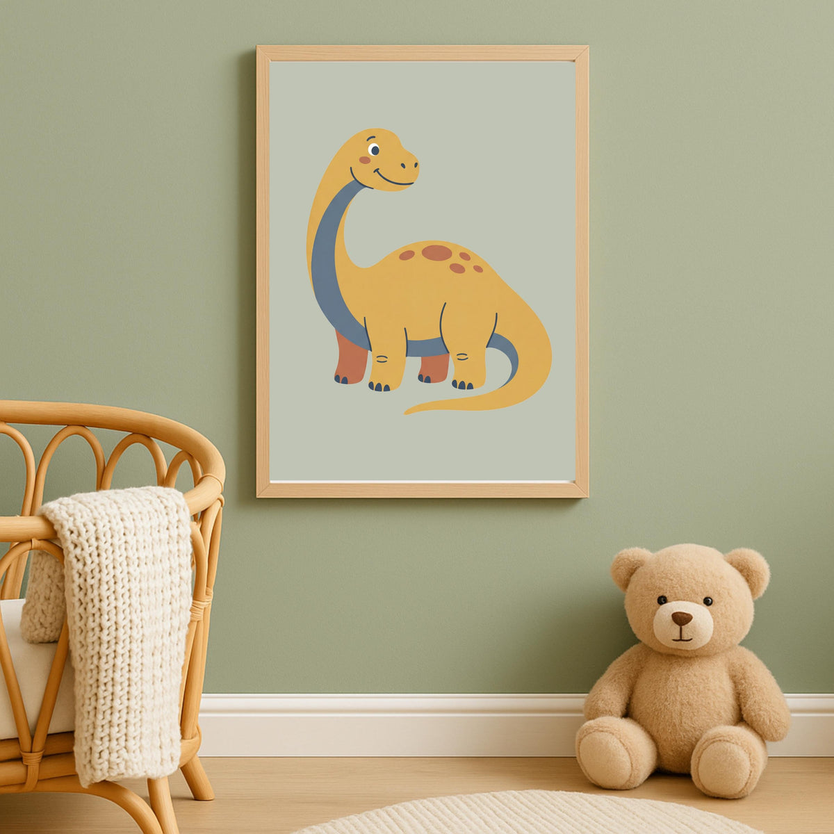 Boho Dinosaur Nursery Prints, Muted Yellow & Blue Set (Digital Download)