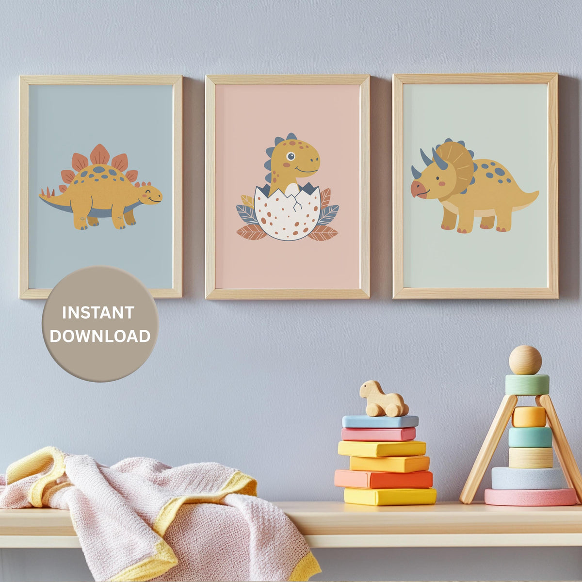 Dinosaur Nursery Prints, Stegosaurus, Triceratops, Hatching Egg (Digital Download)