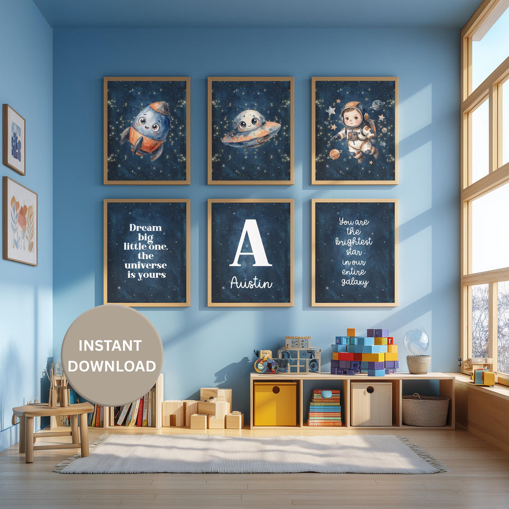 Personalized Navy Space Nursery Art, Astronaut Rocket Prints (Digital Download)