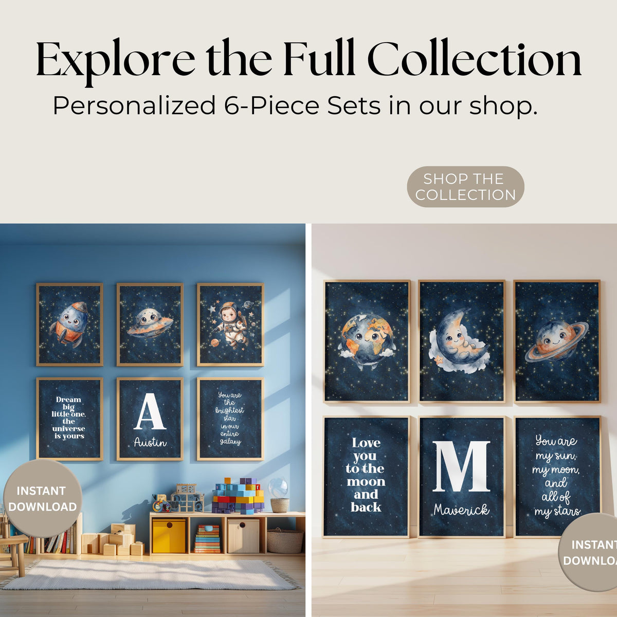 Personalized Navy Space Nursery Art, Astronaut Rocket Prints (Digital Download)