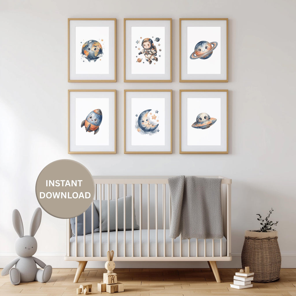 Outer Space Nursery Art Prints, Solar System, Astronaut, Set of 6 (Digital Download)