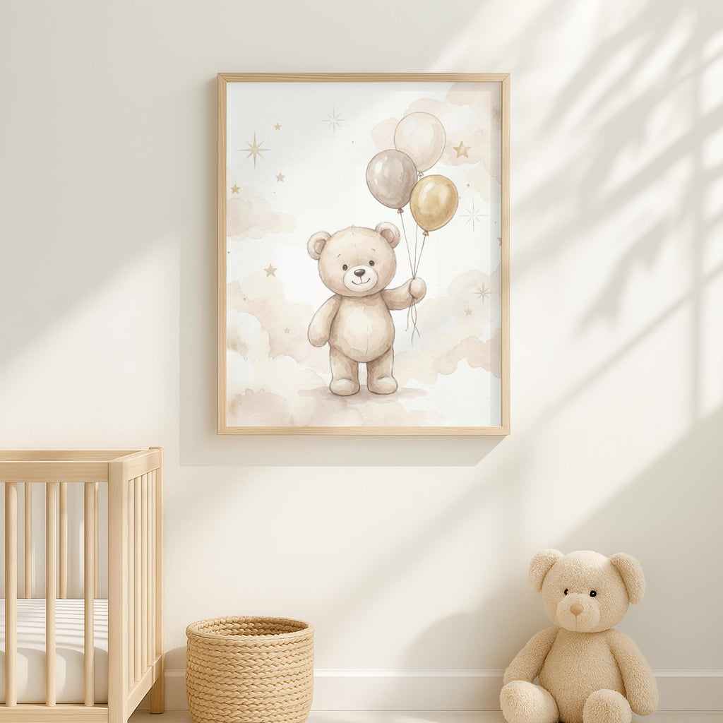 Teddy Bear Nursery Prints, Clouds and Stars Gallery Wall Set (Digital Download)