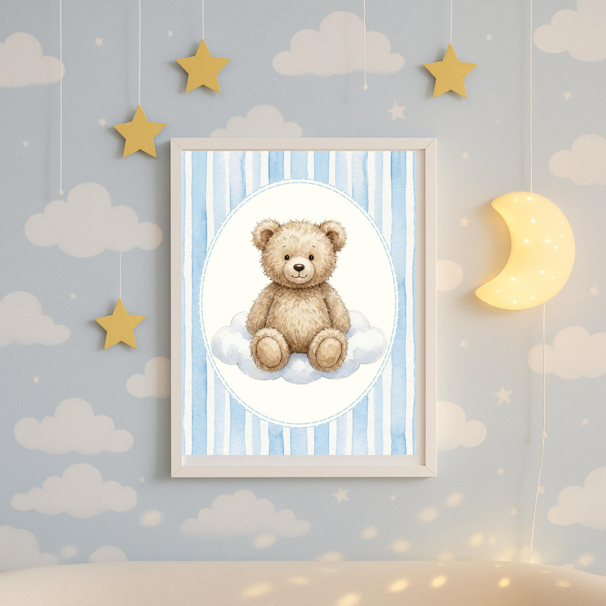 Teddy Bear Nursery Prints, Blue Seersucker, Royal Baby Decor (Digital Download)