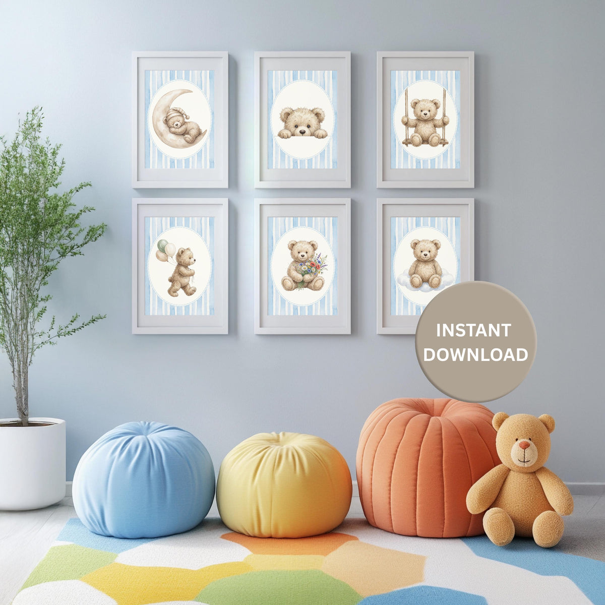 Teddy Bear Nursery Prints, Blue Seersucker, Royal Baby Decor (Digital Download)