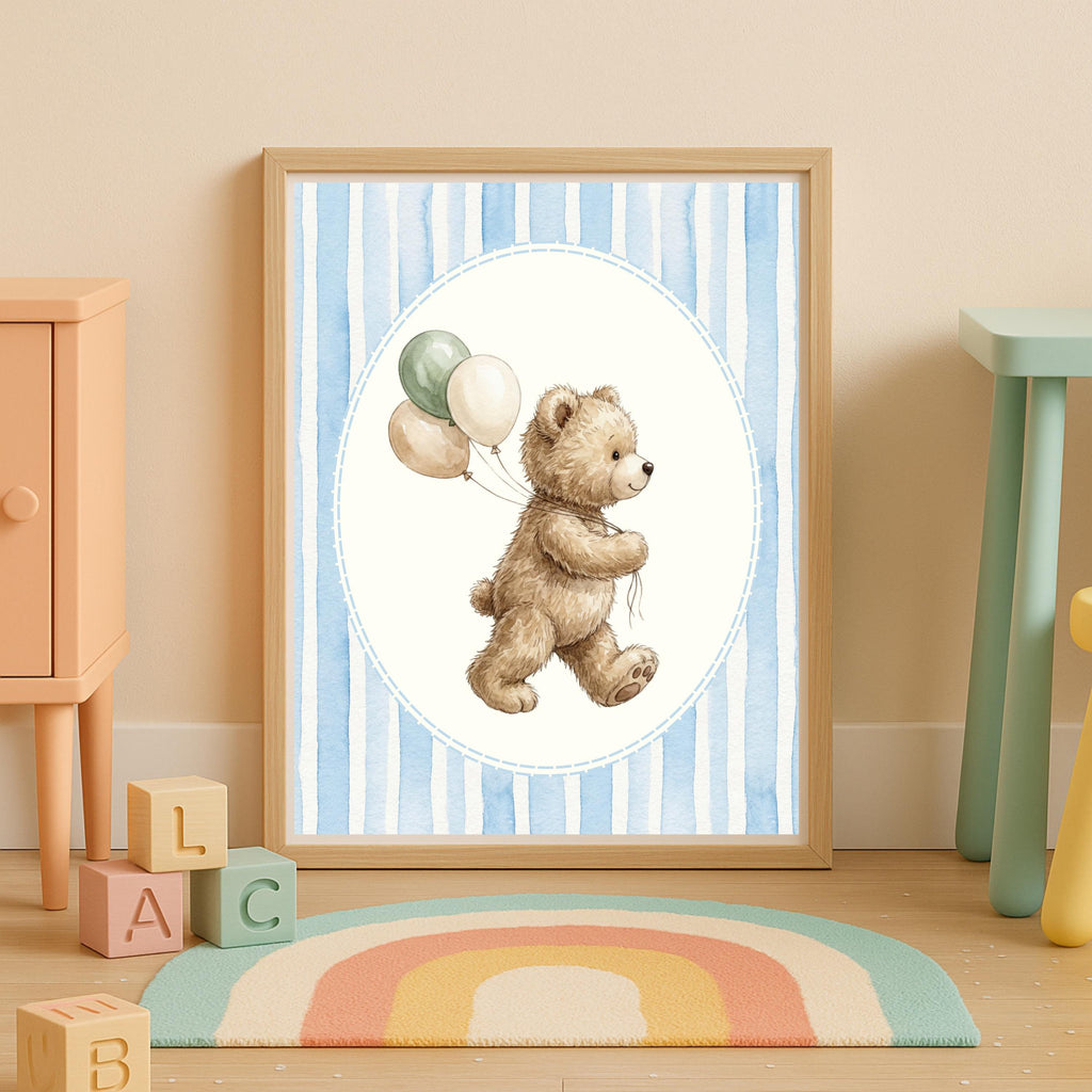 Teddy Bear Nursery Prints, Blue Seersucker, Royal Baby Decor (Digital Download)