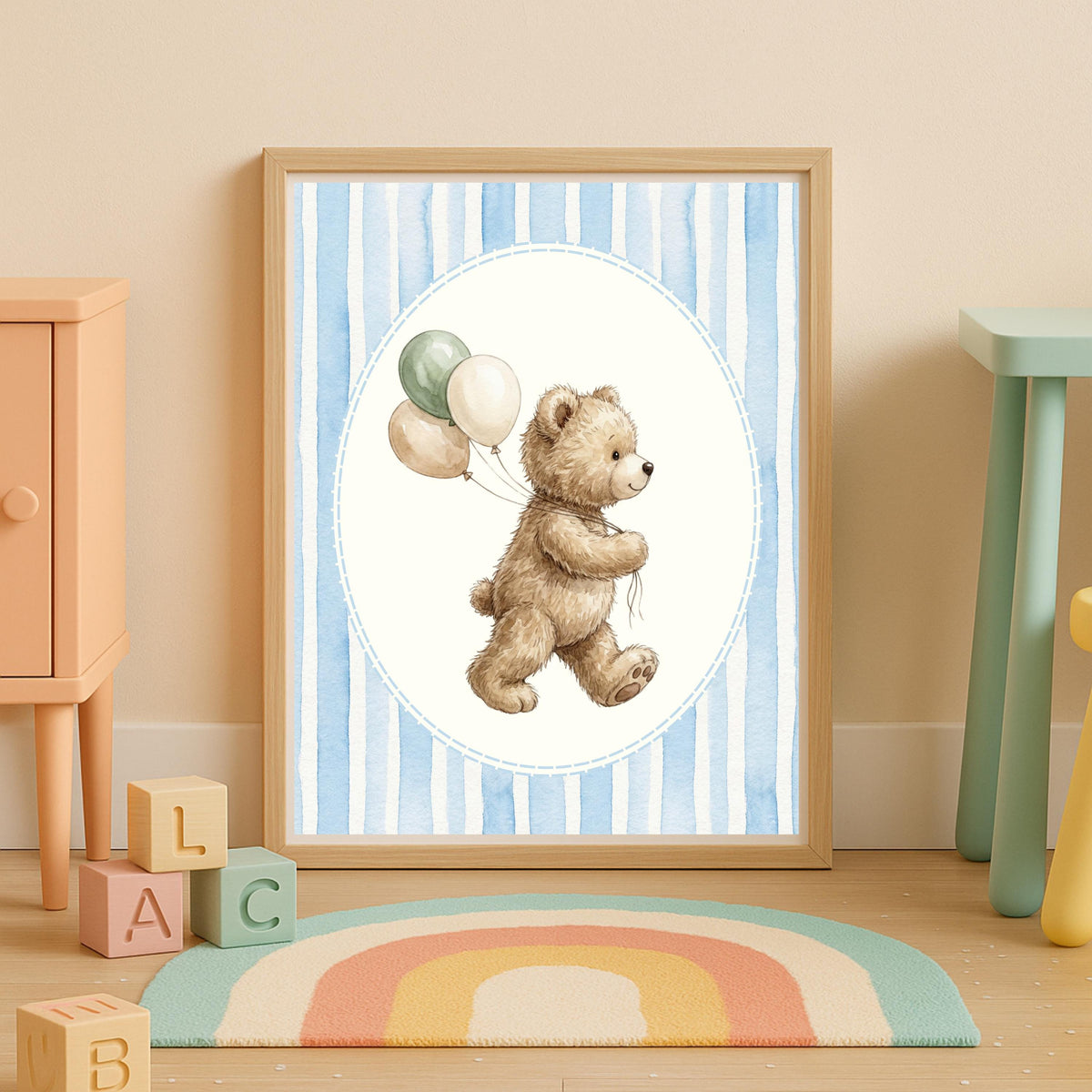 Teddy Bear Nursery Prints, Blue Seersucker, Royal Baby Decor (Digital Download)
