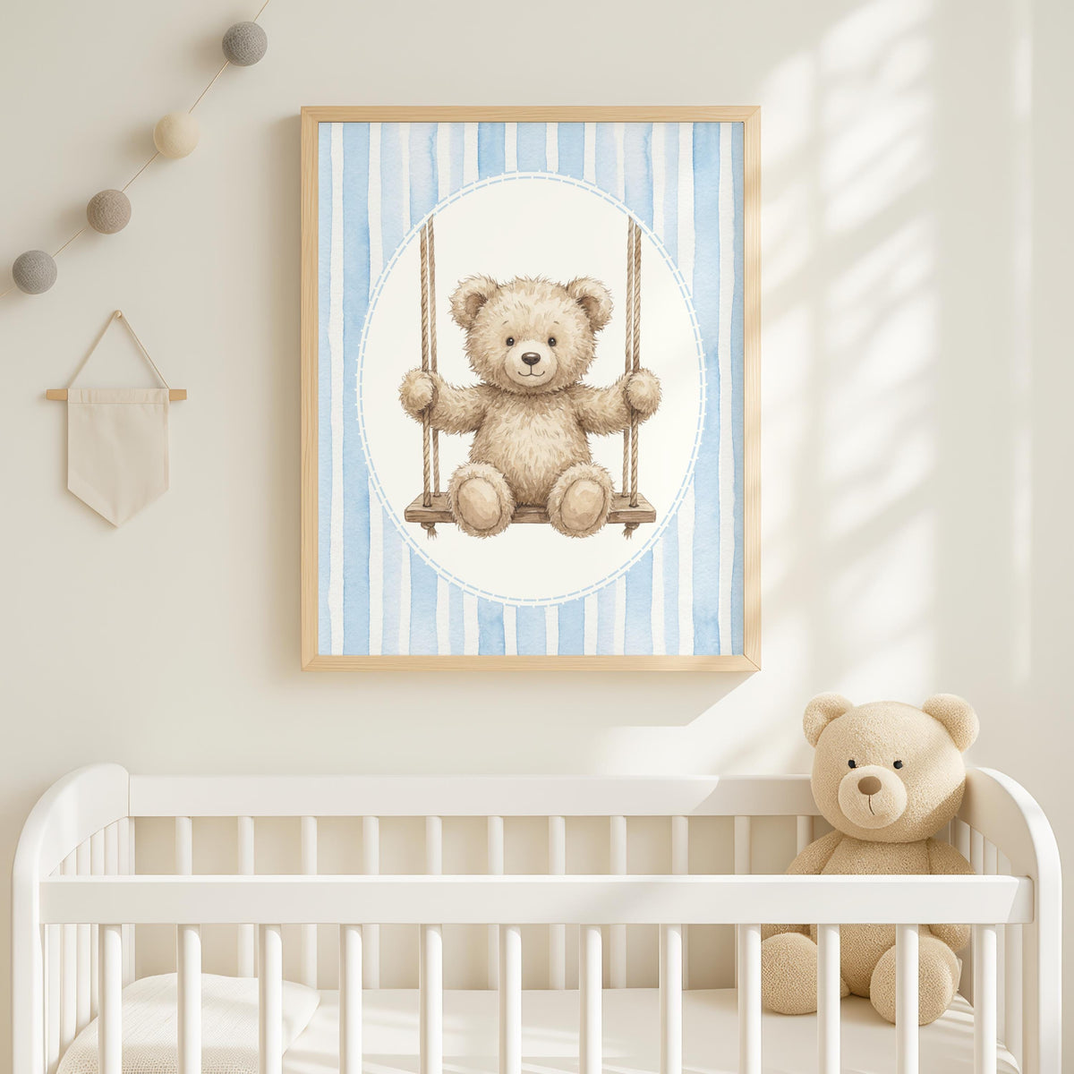 Personalized Teddy Bear Nursery Art, Blue Stripe Swing Print (Digital Print)