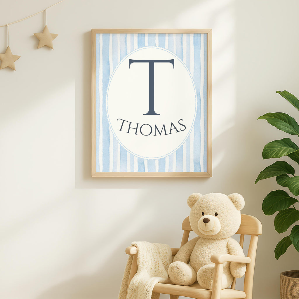 Personalized Teddy Bear Nursery Art, Blue Stripe Swing Print (Digital Print)